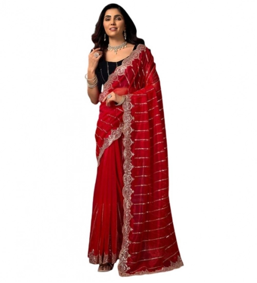 Generic Women's Net Sequence Saree With Unstitched Blouse 5.5Mtr (Red)