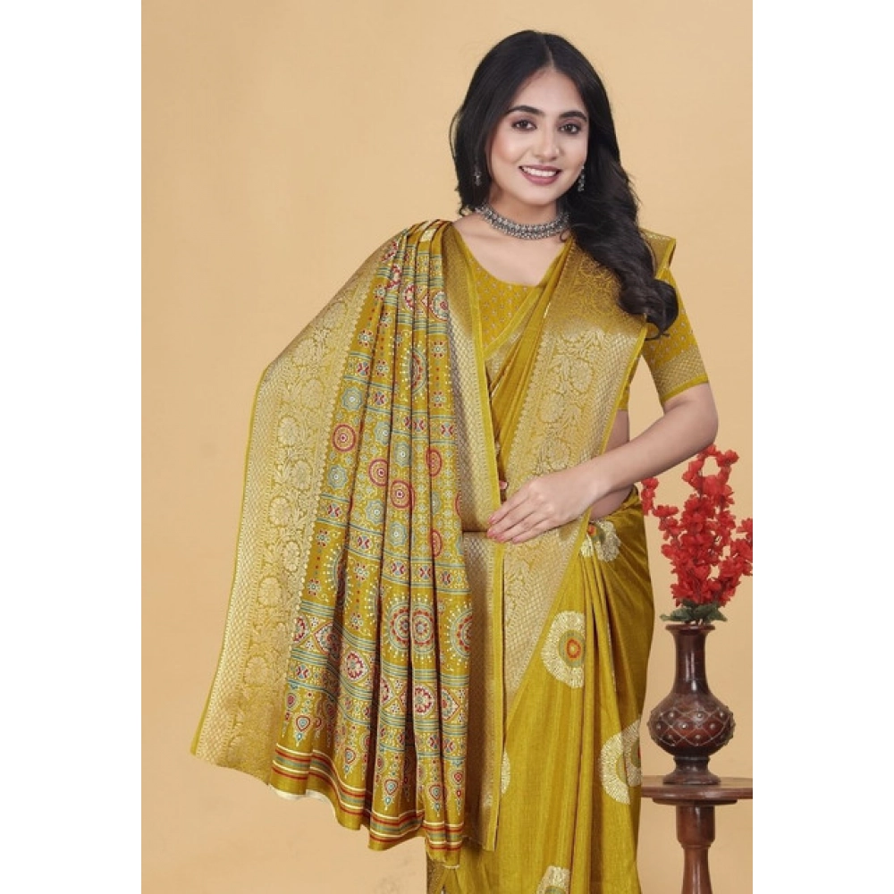 Women’s Art Silk Printed Saree With Unstitched Blouse 5.5Mtr (Mustard)