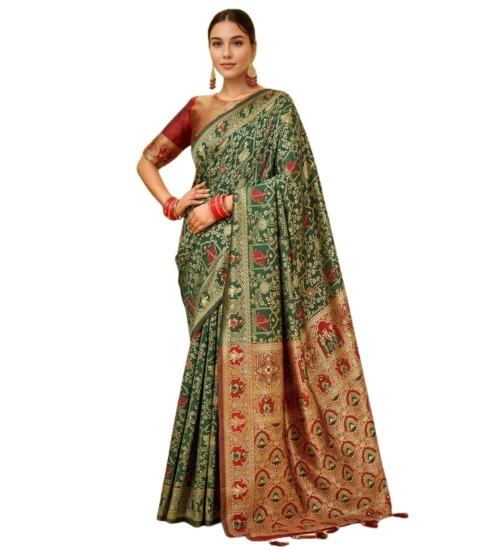 Generic Women's Silk Blend Woven Paithani Saree With Unstitched Blouse 5.5Mtr (Green)