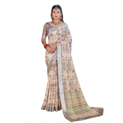 Generic Women's Printed Cotton Linen Saree withPrinted  Saree With Unstitched Blouse (Beige, 5-6Mtrs)
