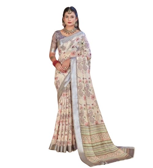Generic Women's Printed Cotton Linen Saree withPrinted  Saree With Unstitched Blouse (Beige, 5-6Mtrs)