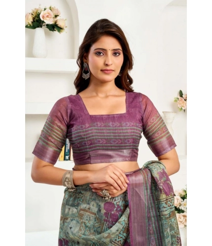 Generic Women's Faux Linen Printed Ready to wear Saree With Unstitched Blouse 5.5Mtr (Multicolor)