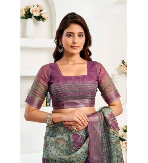 Generic Women's Faux Linen Printed Ready to wear Saree With Unstitched Blouse 5.5Mtr (Multicolor)