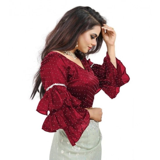 Generic Women's Organza Solid V Neck Layered Ruffle Sleeve Readymade Blouse (Maroon Free Size , up to 38–40 Bust)-PID65854 Generic Women's Organza Solid V Neck Layered Ruffle Sleeve Readymade Blouse (Maroon Free Size , up to 38–40 Bust)-PID65854