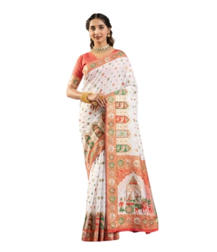 Generic Women's Faux_Banarasi Woven Motifs Saree With Unstitched Blouse 5.5Mtr (White)