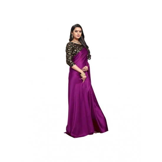 Generic Women's Satin Solid Saree With Unstitched Blouse 5.5Mtr (Wine)