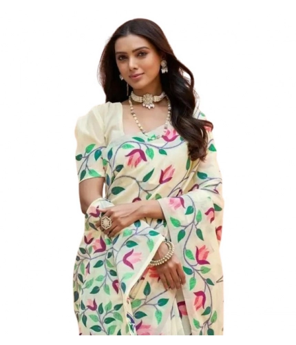 Generic Women's Georgette Printed Saree With Unstitched Blouse 5.5Mtr (Cream)