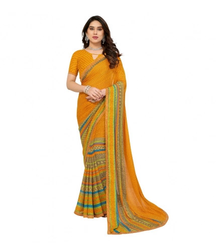 Generic Women's Georgette Printed Saree With Unstitched Blouse 5.5Mtr (Mustard)