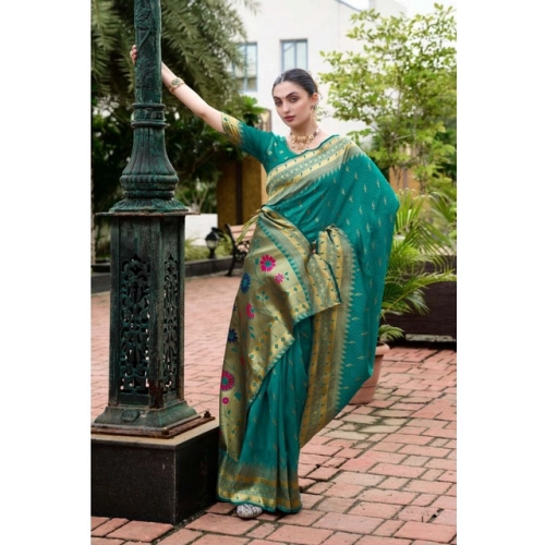 Women's Silk Blend Zari Woven Saree With Unstitched Blouse 5.5Mtr (Teal)