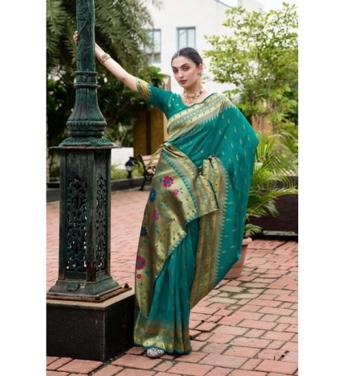 Generic Women's Silk Blend Zari Woven Saree With Unstitched Blouse 5.5Mtr (Teal)