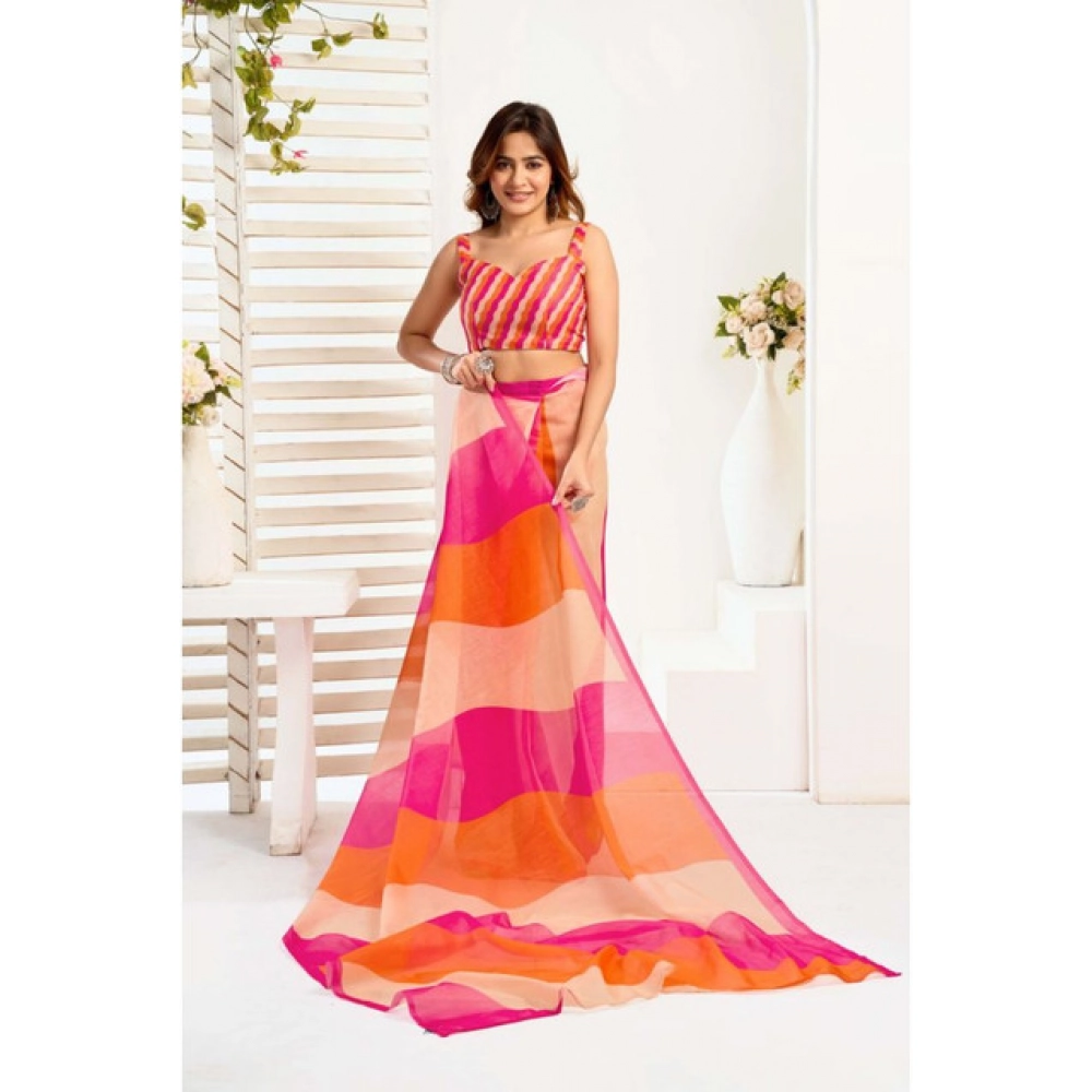 Generic Women's Linen Cotton Printed Ready To Wear Saree With Unstitched Blouse 5.5 Mtr (Multicolor)