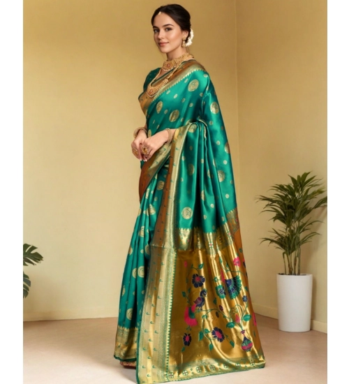 Generic Women's Silk Blend Paithani Saree With Unstitched Blouse 5.5Mtr (Green)
