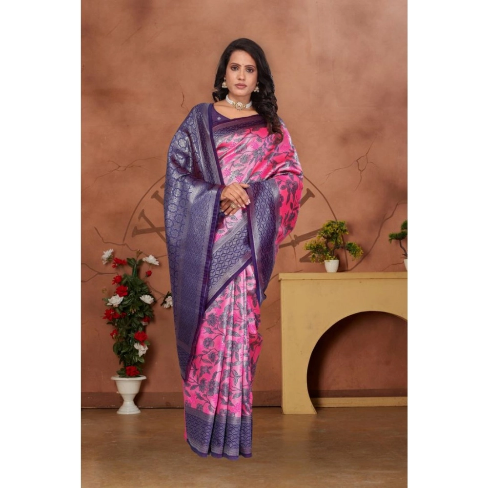 Generic Women's Banarasi Silk Jaquard Woven Saree With Unstitched Blouse 5.5Mtr (Pink)