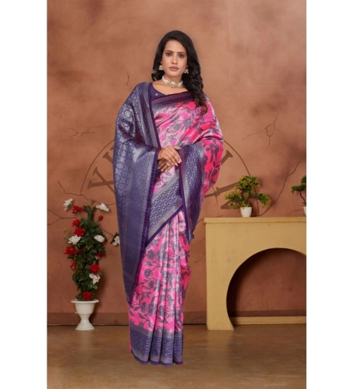 Generic Women's Banarasi Silk Jaquard Woven Saree With Unstitched Blouse 5.5Mtr (Pink)