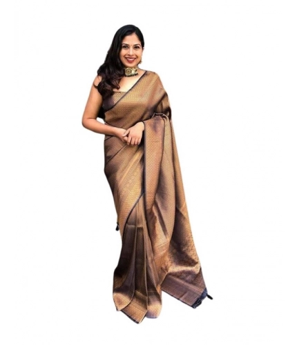 Generic Women's Soft Lichi Silk Printed Saree With Unstitched Blouse 5.5Mtr (Black-Gold)
