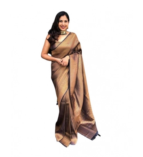Generic Women's Soft Lichi Silk Printed Saree With Unstitched Blouse 5.5Mtr (Black-Gold)
