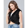 Generic Women's Denim And Fur Solid Sleeveless Shrug (Black)