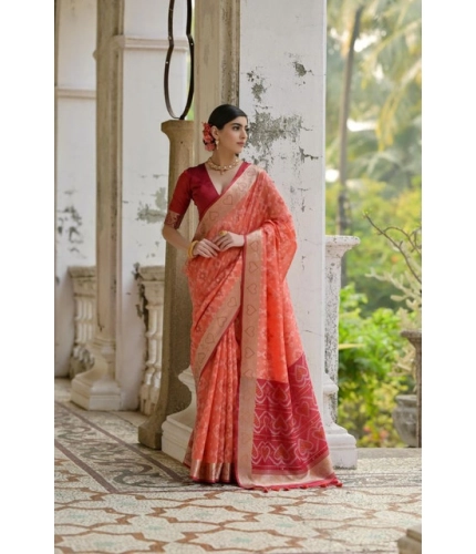 Generic Women's Silk_Blend Ethnic Ikat Pattern Saree With Unstitched Blouse 5.5Mtr (Orange)