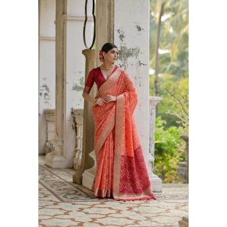 Generic Women's Silk_Blend Ethnic Ikat Pattern Saree With Unstitched Blouse 5.5Mtr (Orange)