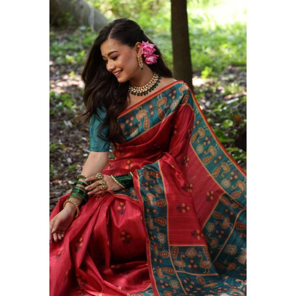 Generic Women's Faux_Tussar_Silk Printed Saree With Unstitched Blouse 5.5Mtr (Red)