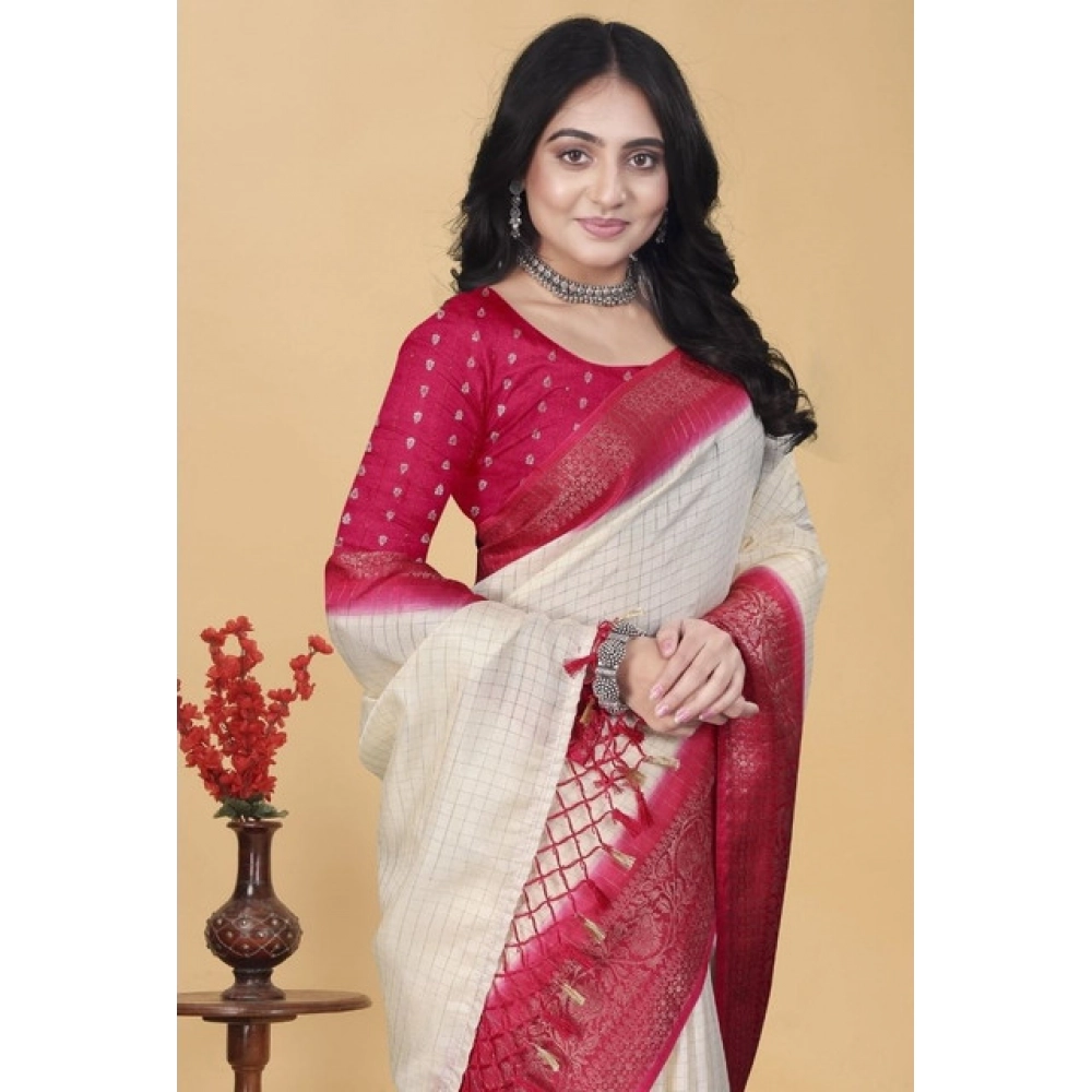 Women’s Cotton Blend Checkered Saree With Unstitched Blouse 5.5Mtr (Multicolor)