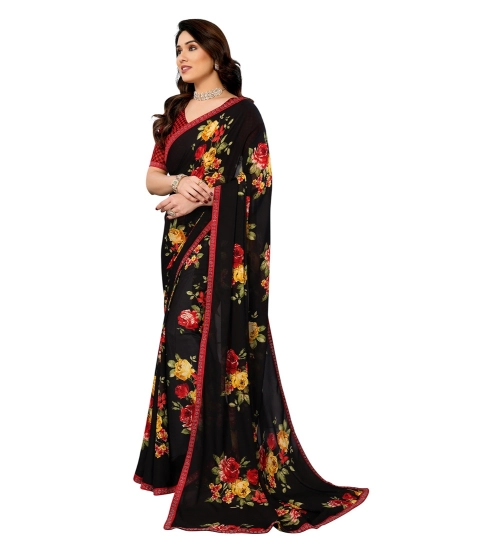 Generic Women's Georgette Printed Saree With Unstitched Blouse 5.5Mtr (Black)