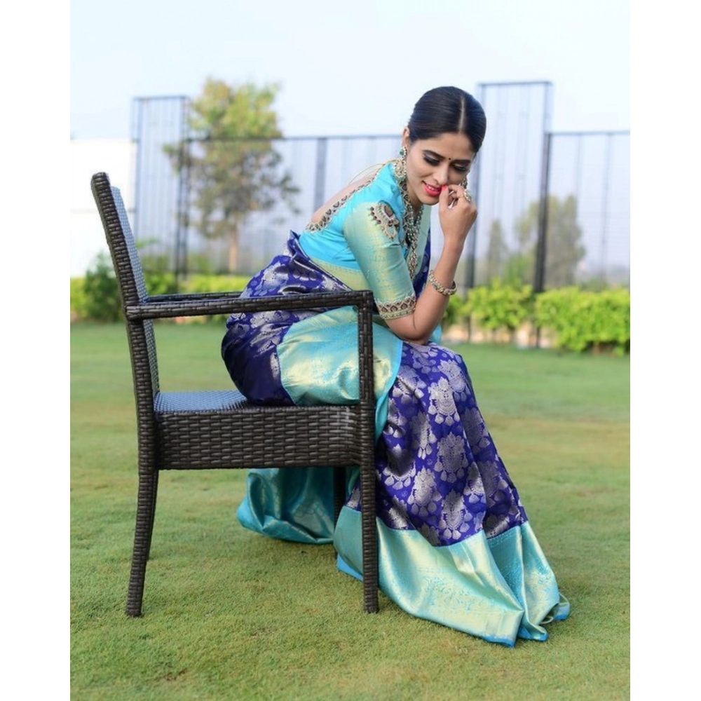 Generic Women's Soft Litchi Silk Jacquard Work Saree With Unstitched Blouse 5.5Mtr (Blue)