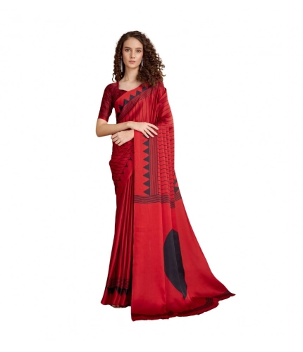 Generic Women's Satin Crepe Printed Saree With Unstitched Blouse 5.5Mtr (Red)
