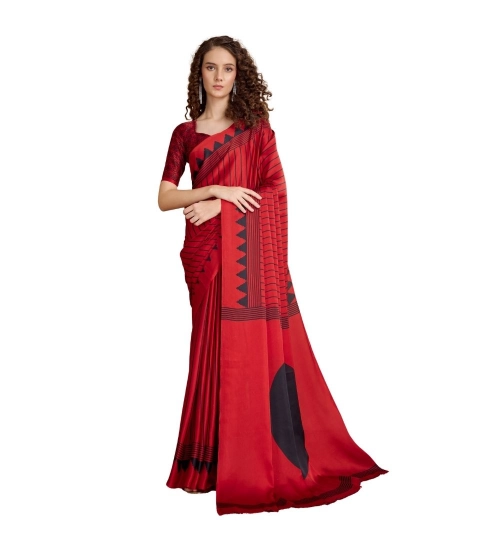 Generic Women's Satin Crepe Printed Saree With Unstitched Blouse 5.5Mtr (Red)