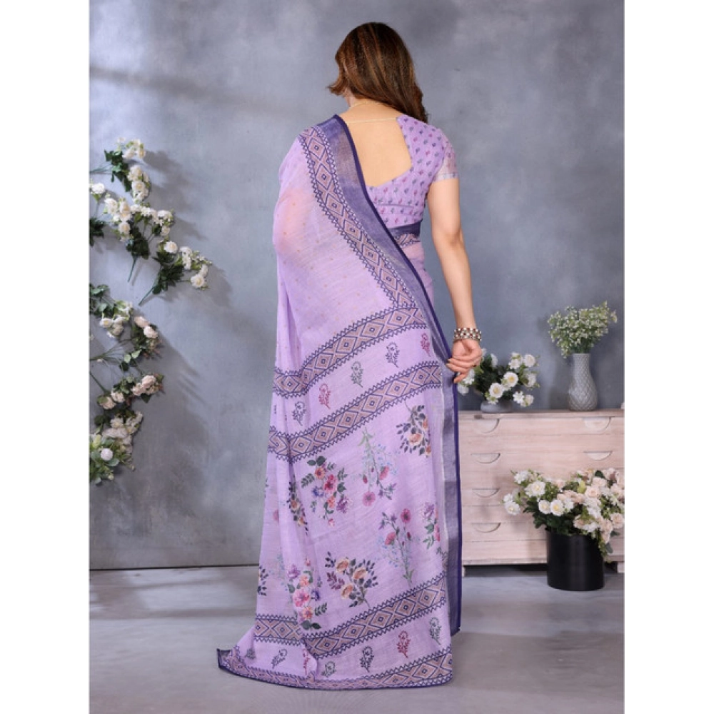 Generic Women's Linen Cotton Printed Saree With Unstitched Blouse 5.5Mtr (Purple) Generic Women's Linen Cotton Printed Saree With Unstitched Blouse 5.5Mtr (Purple)