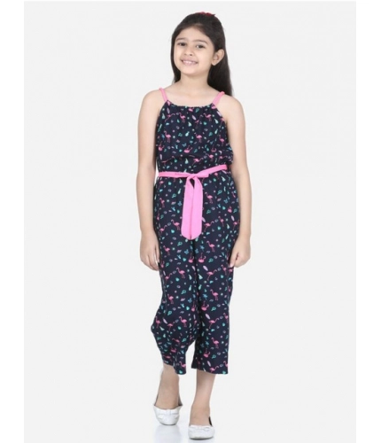 Generic Girl's Rayon Flamingo Print Sleeveless Jumpsuit (Black-Pink)