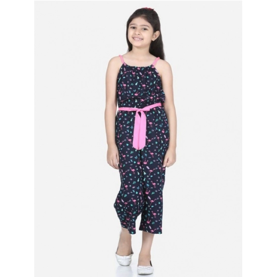 Generic Girl's Rayon Flamingo Print Sleeveless Jumpsuit (Black-Pink)