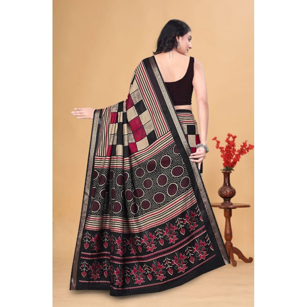 Women's Dupion Silk Block Printed Saree With Unstitched Blouse 5.5Mtr (Multicolor)
