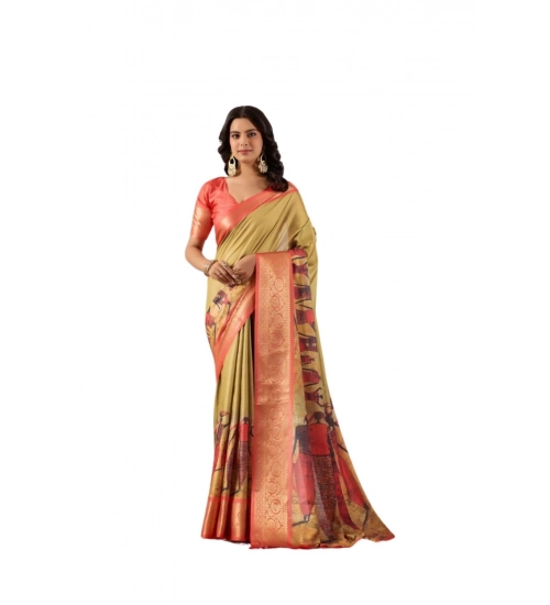 Generic Women's Faux_Silk Printed Saree With Unstitched Blouse 5.5Mtr (Olive)