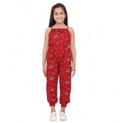 Generic Girl's Rayon Floral Sleeveless Jumpsuit (Red)