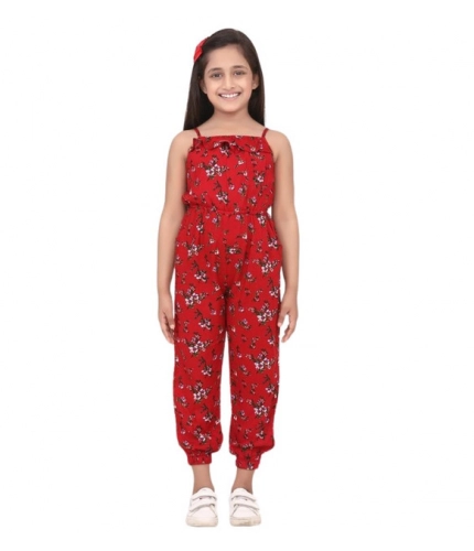 Generic Girl's Rayon Floral Sleeveless Jumpsuit (Red)