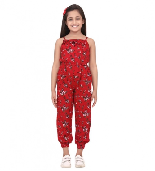 Generic Girl's Rayon Floral Sleeveless Jumpsuit (Red)