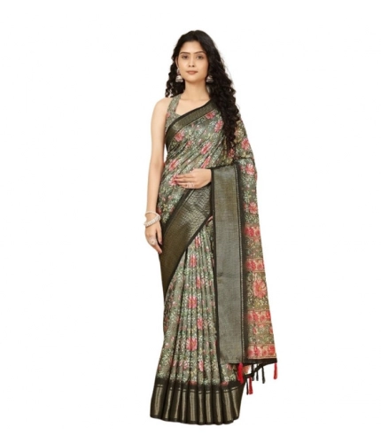 Generic Women's Cotton Silk Floral Printed Saree With Unstitched Blouse 5.5Mtr (Grey)