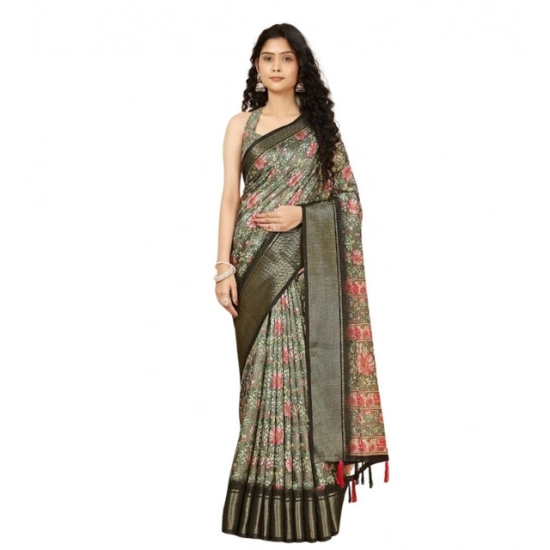 Generic Women's Cotton Silk Floral Printed Saree With Unstitched Blouse 5.5Mtr (Grey)