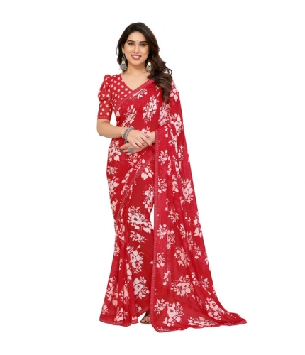 Generic Women's Georgette Printed Saree With Unstitched Blouse 5.5Mtr (Red)