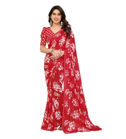 Generic Women's Georgette Printed Saree With Unstitched Blouse 5.5Mtr (Red)