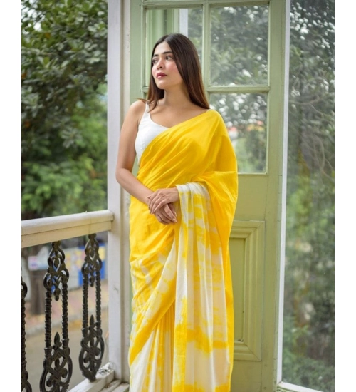 Generic Women's Linen Printed Saree With Unstitched Blouse 5.5Mtr (Yellow)