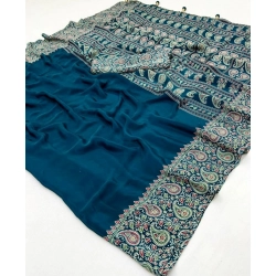 Generic Women's Gajji Soft Silk Printed Saree With Unstitched Blouse 5.5Mtr (Blue)