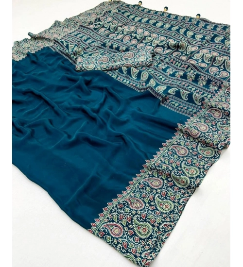 Generic Women's Gajji Soft Silk Printed Saree With Unstitched Blouse 5.5Mtr (Blue)