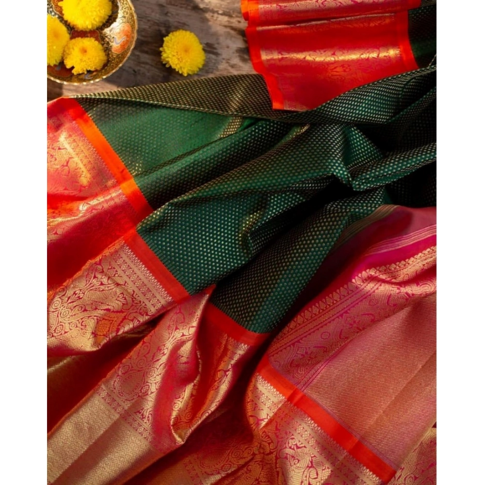 Generic Women's Soft Litchi Silk Jacquard Work Saree With Unstitched Blouse 5.5Mtr (Green)