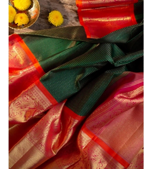 Generic Women's Soft Litchi Silk Jacquard Work Saree With Unstitched Blouse 5.5Mtr (Green)