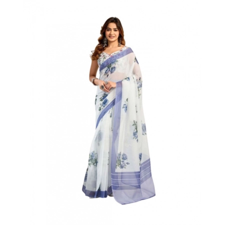 Generic Women's Faux_Linen Printed Ready-to-Wear Saree With Unstitched Blouse 5.5 Mtr (White)