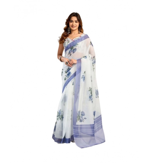Generic Women's Faux_Linen Printed Ready-to-Wear Saree With Unstitched Blouse 5.5 Mtr (White)