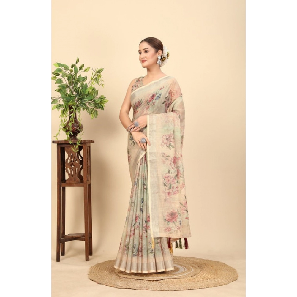 Women's Cotton Silk Floral Printed Saree With Unstitched Blouse 5.5Mtr (Cream)