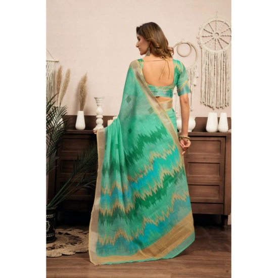 Generic Women's Linen Cotton Printed Ready To Wear With Pocket Saree With Unstitched Blouse 5.5 Mtr (Light_Green)